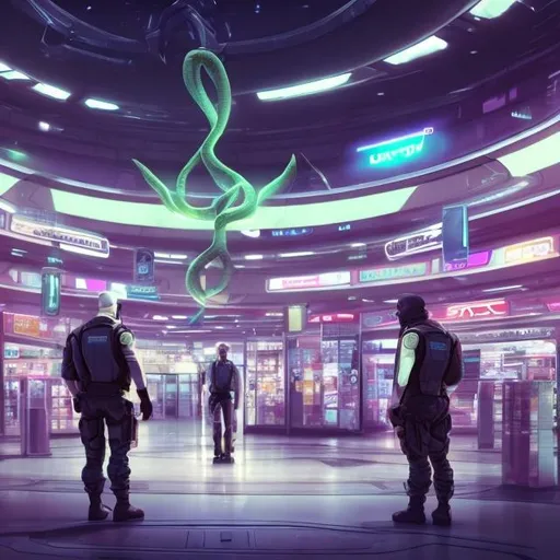 Prompt: snake security guards in a busy alien mall, widescreen, infinity vanishing point, galaxy background, surprise easter egg