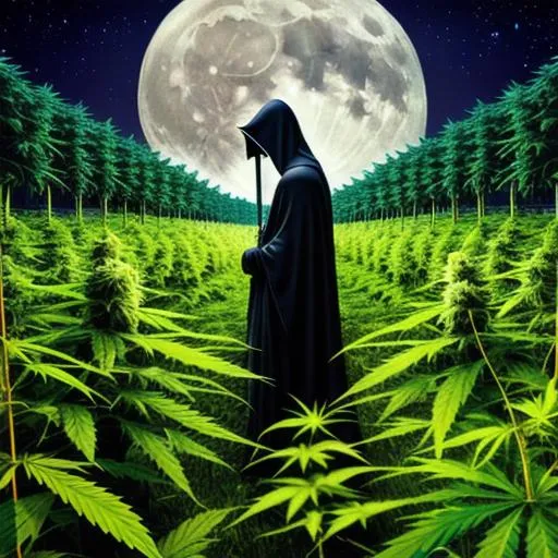 Prompt: Grim reaper in a field of cannabis plants, highly detailed, night scape, soft moonlight, close up angle