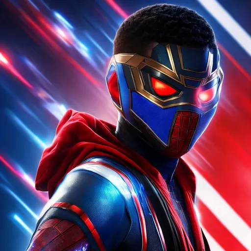 Prompt: High resolution hyperrealistic dynamic image of young avenger patriot merged with miles morales, symmetrical detailed photorealistic face, red and white and blue costume highly detailed, cinematic, uhd, hdr, 64k