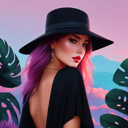 Prompt: there is a woman wearing a black hat and a black cape, inspired by sylvain sarrailh, trending on artstation, tropical vibe, boho chic, very anime, streaming on twitch, inspired by Dorothy Hood, magali villeneuve', blessing palms, beach aesthetic