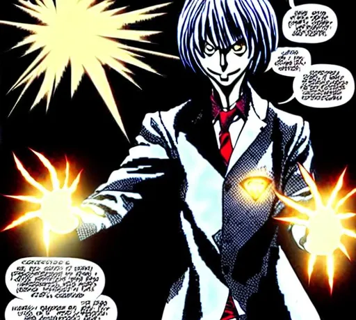 Prompt: Light Yagami from the Death Note Manga using the infinity gauntlet 