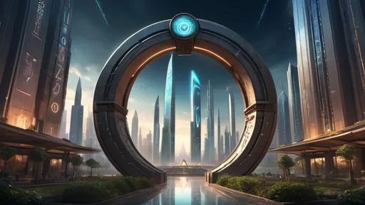 Prompt: magical portal between cities realms worlds kingdoms, circular portal, ring standing on edge, upright ring, freestanding ring, hieroglyphs on ring, complete ring, obelisks, gardens, hotels, office buildings, shopping malls, large wide-open city plaza, panoramic view, night sky, futuristic cyberpunk dystopian setting