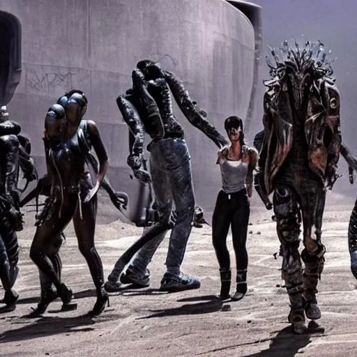 Prompt: alien greys cyberpunk fury road wasteland musical