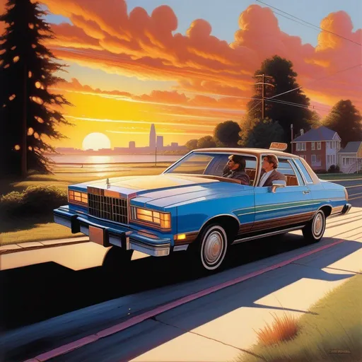 Prompt: 1980s, Cleveland, car chase, sunny weather, warm atmosphere, cartoony style, extremely detailed painting by Greg Rutkowski and by Henry Justice Ford and by Steve Henderson