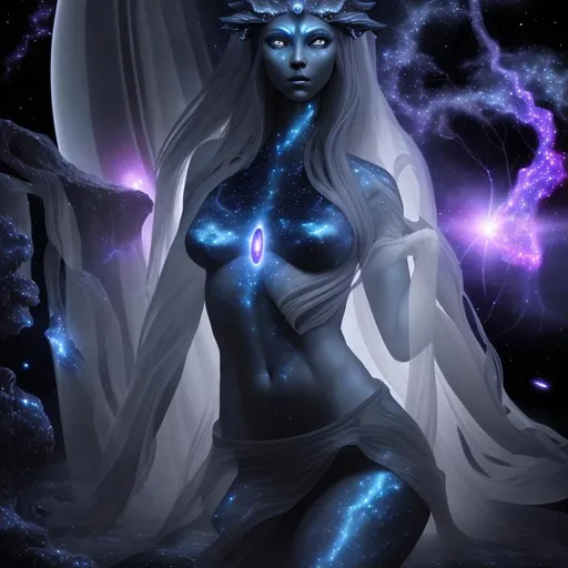 Prompt: nebula, 3D, HD, full-body,  dark, plasma action portrait of a ({Female}Goddess as a {Grey}Alien), expansive cosmic background --s98500