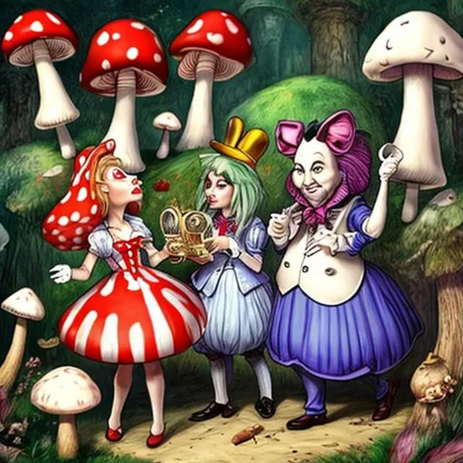 Prompt: Alice in Wonderland characters playing mushroom instruments
