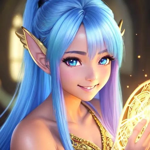 Prompt: oil painting, fantasy, Pixie girl, tanned-skinned-female, beautiful, bright blue hair, straight hair, rosy cheeks, smiling, looking at the viewer, summoner wearing intricate robes casting a spell, #3238, UHD, hd , 8k eyes, detailed face, big anime dreamy eyes, 8k eyes, intricate details, insanely detailed, masterpiece, cinematic lighting, 8k, complementary colors, golden ratio, octane render, volumetric lighting, unreal 5, artwork, concept art, cover, top model, light on hair colorful glamourous hyperdetailed medieval city background, intricate hyperdetailed breathtaking colorful glamorous scenic view landscape, ultra-fine details, hyper-focused, deep colors, dramatic lighting, ambient lighting god rays, flowers, garden | by sakimi chan, artgerm, wlop, pixiv, tumblr, instagram, deviantart