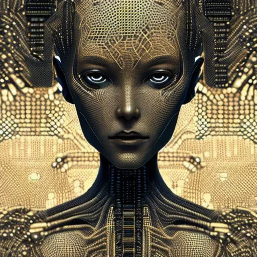 Prompt: 3d rendering of a technological woman jdlg, in the style of dark and intricate, made of insects, close-up intensity, asaf hanuka, intel core, gray and gold, les automatistes