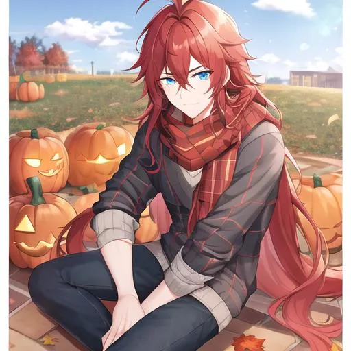 Prompt: Zerif 1male (long Red side-swept hair covering his right eye, lively blue eyes), highly detailed face, 8K, UHD, wearing a cozy sweater, ripped jeans, and boots, in the park, fall.  wearing a scarf, looking up at the sky, in a pumpkin patch,  young adult