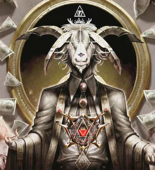 Prompt: baphomet, alchemical, occult, knights Templar, goat head, fiat banking, pyramid, dollar bill printing, blood drip, chains