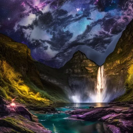 Prompt: glittering waterfall and a fairy nearby, night time, high resolution, HD quality, 