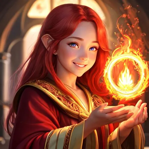 Prompt: oil painting, fantasy, hobbit girl, tanned-skinned-female, beautiful, bright red hair, straight hair, rosy cheeks, smiling, looking at the viewer, summoner wearing intricate robes and casting a fire spell, #3238, UHD, hd , 8k eyes, detailed face, big anime dreamy eyes, 8k eyes, intricate details, insanely detailed, masterpiece, cinematic lighting, 8k, complementary colors, golden ratio, octane render, volumetric lighting, unreal 5, artwork, concept art, cover, top model, light on hair colorful glamourous hyperdetailed medieval city background, intricate hyperdetailed breathtaking colorful glamorous scenic view landscape, ultra-fine details, hyper-focused, deep colors, dramatic lighting, ambient lighting god rays, flowers, garden | by sakimi chan, artgerm, wlop, pixiv, tumblr, instagram, deviantart
