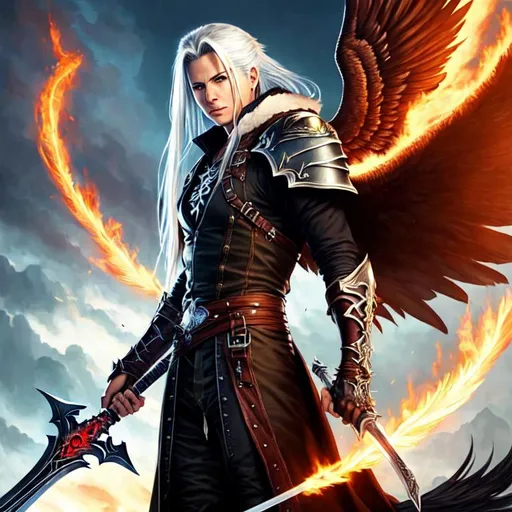 Prompt: Poster art, high-quality high-detail highly-detailed breathtaking hero ((by Aleksi Briclot and Stanley Artgerm Lau)) - ((Sephiroth looking  back through fire and giving the middle finger )), male, full body of male Sephiroth,highly detailed face, middle finger, flames, black cloak, male,  UHD, 64k, full form, highly detailed full body, highly detailed black clothing. Fire all around, with his back turned looking back, detailed skin, detailed face,full form, detailed forest wilderness setting, male, epic, 8k HD, ice, fire, luminescence , sharp focus, ultra realistic clarity. Hyper realistic, Detailed face, portrait, realistic, close to perfection, more black in the armour, full body, high quality cell shaded illustration, ((full body)), dynamic pose, perfect anatomy, centered, freedom, soul, white long hsir, approach to perfection, cell shading, 8k , cinematic dramatic atmosphere, watercolor painting, global illumination, detailed and intricate environment, artstation, concept art, fluid and sharp focus, volumetric lighting, cinematic lighting, 
