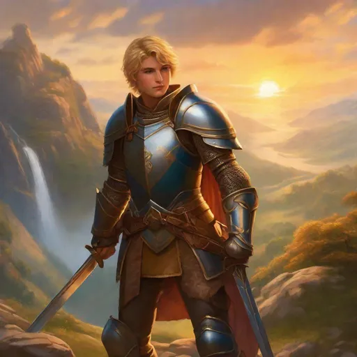 Prompt: Realistic lush ancient landscape, heavy mist, standing at the top of a mountain. a young adult {femboy}, medieval knight paladin holding a sword, detailed face, short brown to blonde hair, dark blue eyes, sun tanned skin, skin spores, round shaped nose, round cheeks, metal armor.
