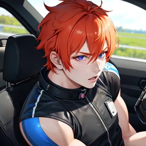 Prompt: Erikku male (short ginger hair, freckles, right eye blue left eye purple) muscular, riding a motorcycle. UHD, 8K, Highly detailed, wearing biker gear, driving on the freeway, close up, insane detail, best quality, high quality