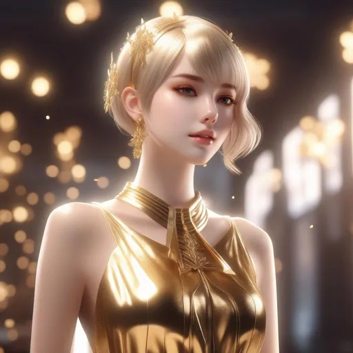 Prompt: 3d anime woman gold short hair hair and gold dress dress gold glitter pale skin deity getting a haircut and beautiful pretty art 4k full HD