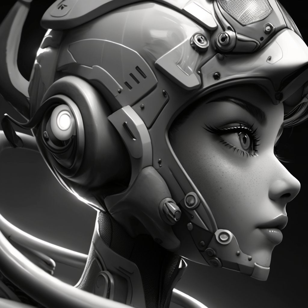 Prompt: a close up of a person wearing a helmet and headphones, in style of artgerm, futuristic noir, widowmaker's former lover, anthropomorphic _ humanoid, tron angel, dribbble, crt monitor, digital sculpture, black and white manga, solarpunk human, without text, cyborg