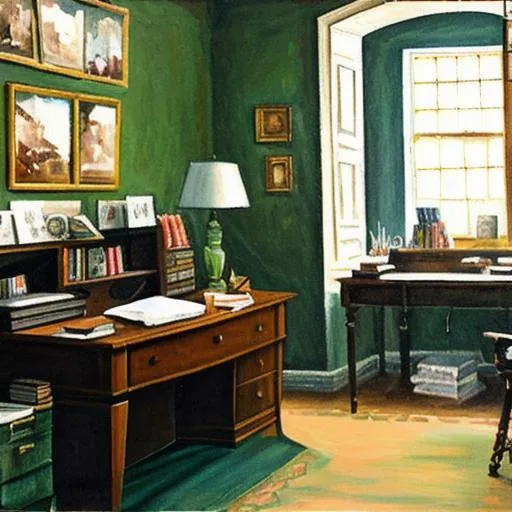 Prompt: A painting of a writer's office 