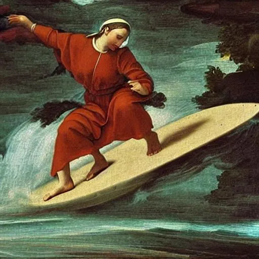 Prompt: Renaissance painting of a nun surfing