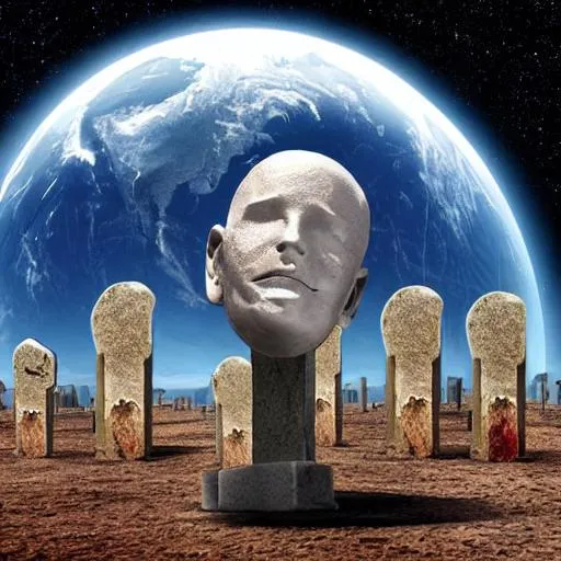 Prompt: a human head with an enlarged ear listening to planet earth with three tombstones on top