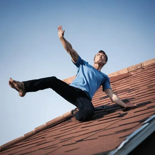 Prompt: Man falling from a roof with left hand stretched backwards 