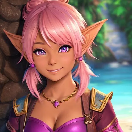 Prompt: oil painting, D&D fantasy, tanned-skinned-gnome girl, tanned-skinned-female, short, beautiful, short bright pink hair, pigtail cut hair, smiling, pointed ears, looking at the viewer, Wizard wearing intricate wizard outfit, #3238, UHD, hd , 8k eyes, detailed face, big anime dreamy eyes, 8k eyes, intricate details, insanely detailed, masterpiece, cinematic lighting, 8k, complementary colors, golden ratio, octane render, volumetric lighting, unreal 5, artwork, concept art, cover, top model, light on hair colorful glamourous hyperdetailed medieval city background, intricate hyperdetailed breathtaking colorful glamorous scenic view landscape, ultra-fine details, hyper-focused, deep colors, dramatic lighting, ambient lighting god rays, flowers, garden | by sakimi chan, artgerm, wlop, pixiv, tumblr, instagram, deviantart