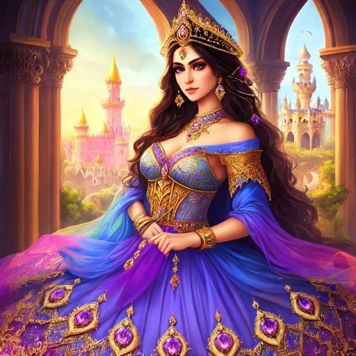 Prompt: Tamina as a Princess of persia, detailed beauty face, detailed beauty eyes, perfect long hair, surreal beauty, soft light, surrounded by Castle in Prince of Persia, surrounded by full color julia clusters fractal in hyperbolic space., long shot