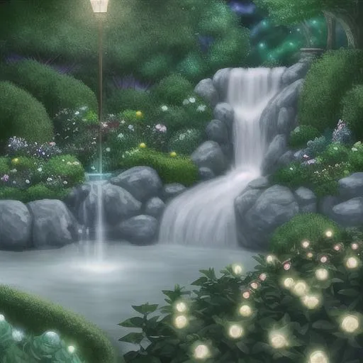 Prompt: garden, mystical, lights, roses, dark green, a little waterfall