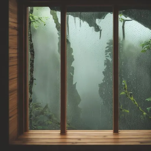 Prompt: rain, forest, window, wooden