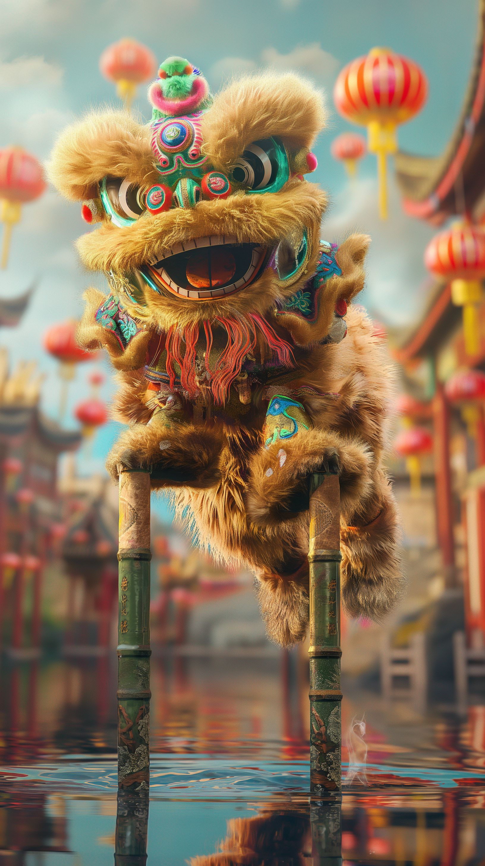 Prompt: realistic chinese lion jumping over poles, fluffy fur, adorable colorful face, bright glowing eyes, perfect reflection in the water under the poles they are standing on, colorful asian city backround, peace --ar 9:16 --v 6.0