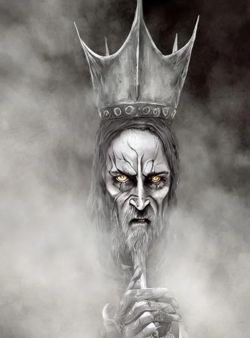 Prompt: detailed face | the witch-kings were tall, and beneath their black cloaks, they were robed in grey. Their hair was grey, and they wore silver helms, although the Witch-king wore a crown. Their eyes were merciless and piercing, and their hands were haggard. The Witch-king held a knife, and the knife and his hand shone with a pale light