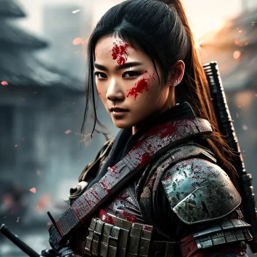 Prompt: create beautiful fictional female elite ninja soldier who is covered in blood and battle scarred, extremely, detailed environment, detailed background, intricate, detailed skin, natural colors , professionally color graded, photorealism, 8k, moody lighting


