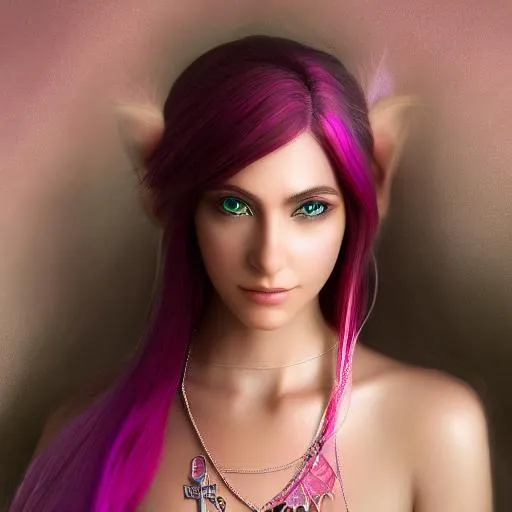 Prompt: portrait photo of a quirky free spirit half-elf female mage with pink messy hair wearing robes, necklace, bug eyes, (backlighting:1.4), digital painting, concept art, smooth, sharp focus, rule of thirds, dark fantasy, intricate details, medium shot, (shallow depth of field:1.1), front view direct, high resolution, realistic art, best resolution, best quality, masterpiece face, masterpiece resolution 