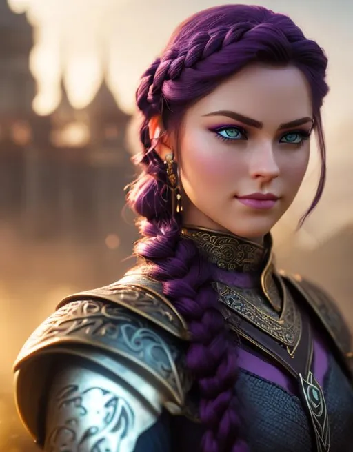 Prompt: she has dark purple hair, one braid in hair, create most beautiful fictional female viking princess warrior, dark purple hair, light blue eyes, extremely detailed environment, detailed background, intricate, detailed skin, professionally color graded, photorealism, 8k, moody lighting