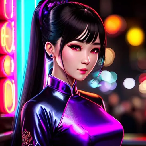 Prompt: UHD, 164k, highly detailed face, full body panned out view, anime cyberpunk lady bartender, vietnam ao dai, dimly lit neon bar, ilya kuvshinov, mixing drinks, hyperdetailed dark violet ponytail, masterpiece, hyperdetailed full body, hyperdetailed feminine attractive face and nose, complete body view, ((hyperdetailed eyes)), perfect body, perfect anatomy, beautifully detailed face, alluring smile, exquisite thighs, exposed ankles