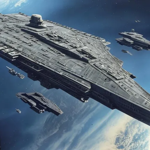 Prompt: imperial star destroyer, american aircraft carrier, scifi, flying 
