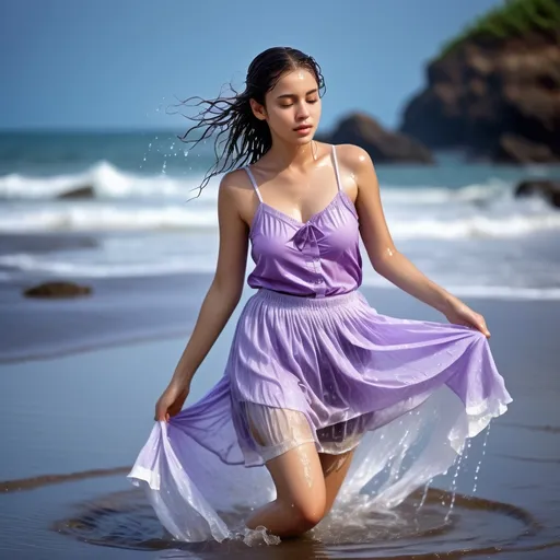 Prompt: photo of young woman, soaking wet clothes, Biege stockings, White peasant skirt, Light purple camisole,  , Beach soaking wet wading in sea,   enjoying, water dripping from clothes, clothes stuck to body,  detailed textures of the wet fabric, wet face, wet plastered hair,  wet, drenched, professional, high-quality details, full body view.