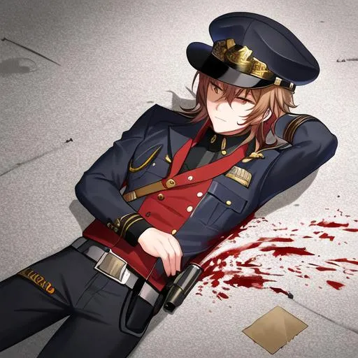 Prompt: Caleb as a police officer in a gunfight bullets flying, wounded, covered in blood, lying on the ground
