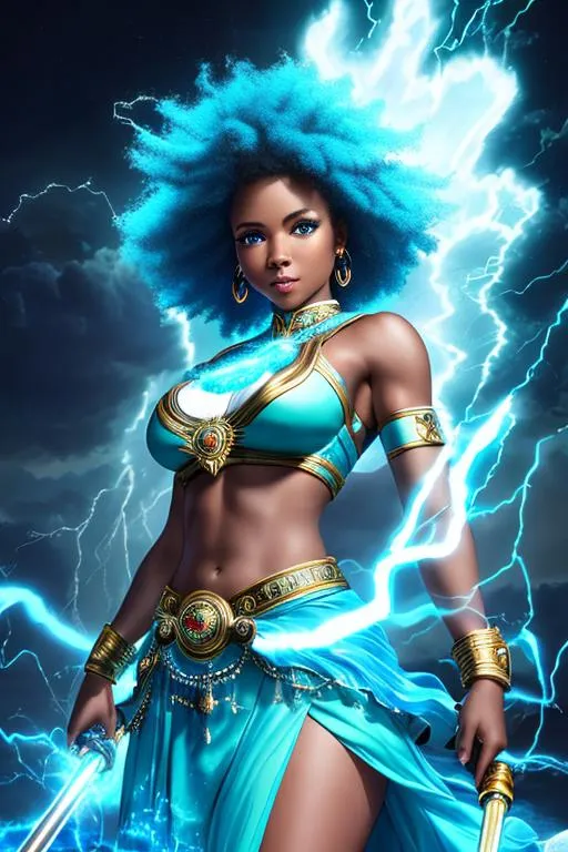 Prompt: oil painting, UHD,  8k, Very detailed, panned out, afro female lightning elemental with flesh that is bluemade of lightning, visible face she is made of lightning, she has flowing hair lighting coming from it, she wears a turquoise Japanese skirt, a turquoise cloth across her chest, she hold a hammer which lightning is radiating from it, 