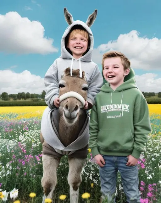 Prompt: A high-quality, detailed photo of a donkey and a boy wearing a hoodie, standing in a field of flowers. The donkey is brown with white spots, and the boy is wearing a blue hoodie with a white logo. The sun is shining brightly, and there are a few clouds in the sky. The donkey is looking at the boy, and the boy is smiling.
