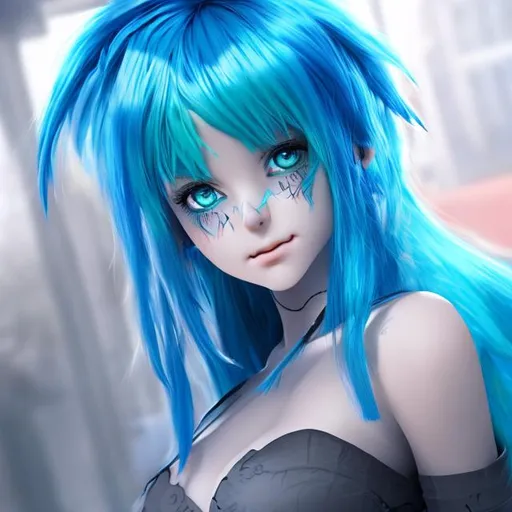 Prompt: Blue haired, semi real, digital, anime woman