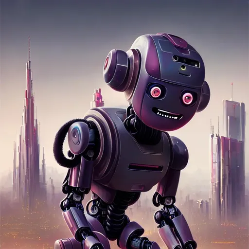 Prompt: colour of {Half Robot, Half Monkey} with cute cheeky grin on face, {distopian city background }, perfect composition, hyperrealistic, super detailed, 8k, high quality, trending art, trending on artstation, sharp focus, studio photo, intricate details, highly detailed, by greg rutkowski