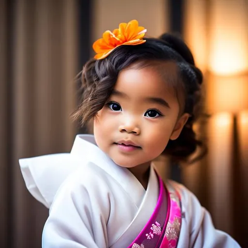 Prompt: Blasian little girl in kimono. Cute. Plump lips. 