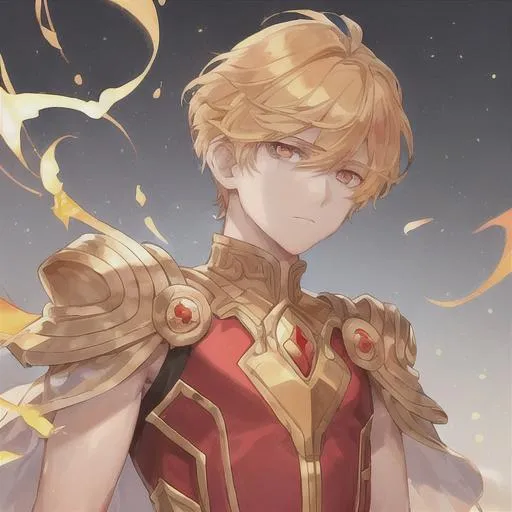 Prompt: a boy who is a solar god. Golden hairs and bright eyes, smooth skin, he dresses a red tunic, detailed well draw face