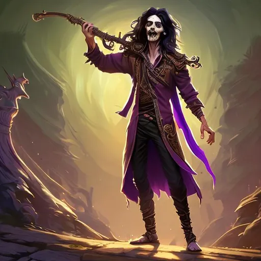 Prompt: Full body splash art of a sweet, youthful, expressive, smiling male undead zombie bard, mummified face, long black hair, skinny, plum purple noble clothes, D&D, dnd, fantasy, highly detailed, sharp focus, digital painting, trending on artstation, 4k, 8k, unreal engine