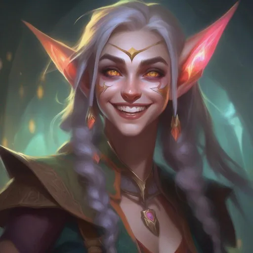 Prompt: d&d eladrin arcane trickster, mad toothy grin, heroic, brightly glowing eyes, badass, magic AF, colorful, chaotic, dangerous, hi res, lucky, femme, gorgeous, long elf ears, unhinged, creepy