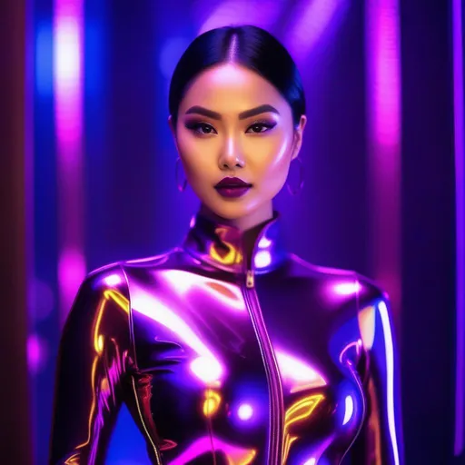 Prompt: pretty curvy Indonesian woman, 25 year old, (round face, high cheekbones, almond-shaped brown eyes, epicanthic fold, small delicate nose), in a shiny purple bodysuit, posing for a picture, action pose, a hologram by Lü Ji, instagram, retrofuturism, shiny, futuristic, neon