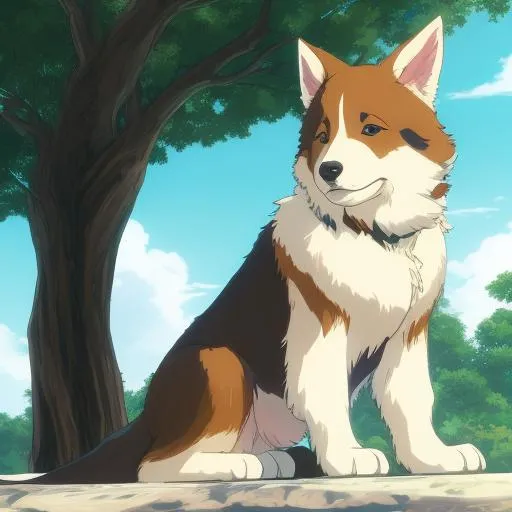 Prompt: Makoto Shinkai anime style, vivid colours, HDR, austrailian shepherd puppy, light brown and white fur, tall ears, sitting,