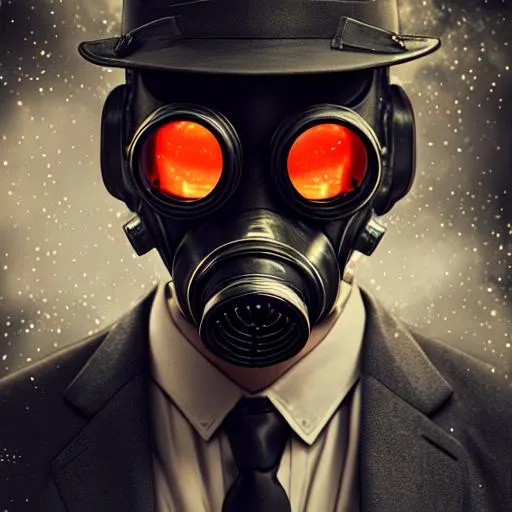 Prompt: HDR, professional, 64k, best version, masterpiece, 150mm, bokeh, A man with is wearing a traditional dual filter gas mask with glowing lenses and a 3 piece suit and a red tie, portrait,