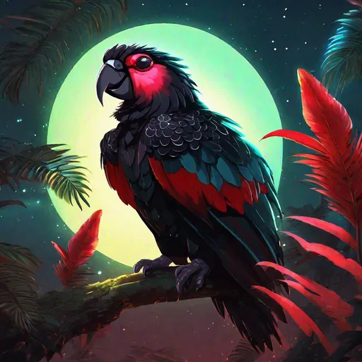 Prompt: A mythical bioluminescent hybrid dracula parrot that is glowing, vulture head, black and red feathers, glowing rainforest, beneath the stars, highres, best quality, concept art